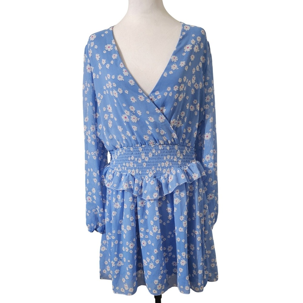 ASOS Floral Mini Dress Smocked Waist Ruffle Hem Long Sleeve Blue US 10